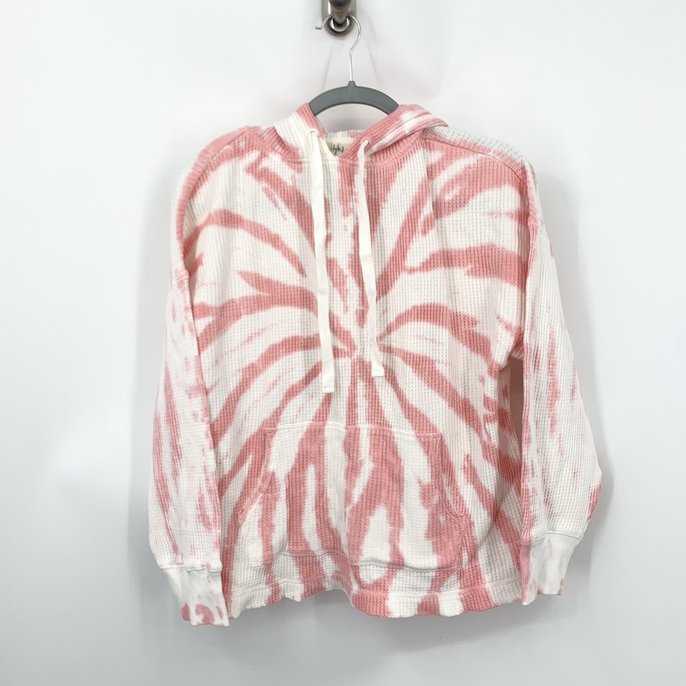 Style & Co Women Size Medium Hoodie Pullover Shirt Top Waffle White Pink Tie Dye